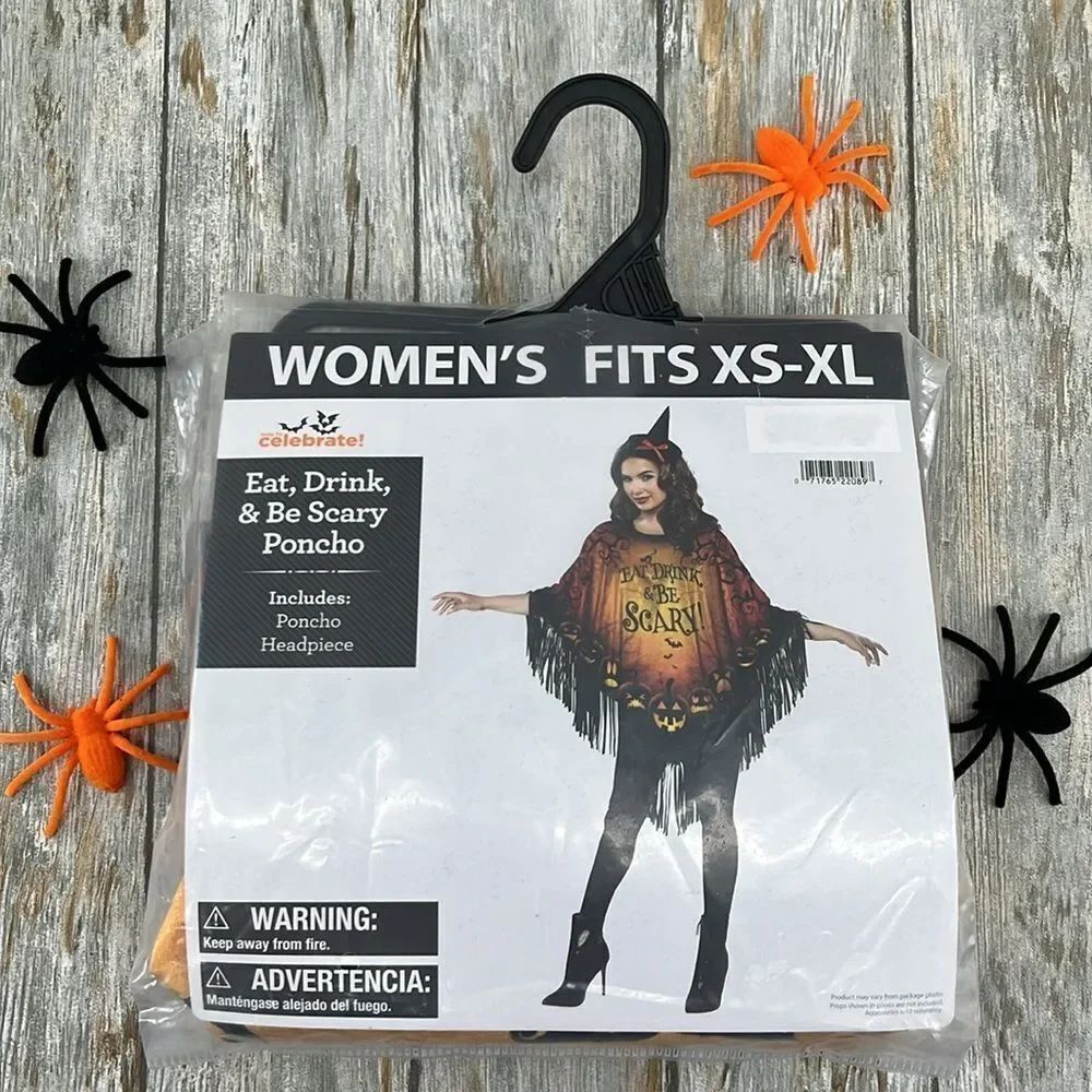 Woman’s Eat Drink & Be Scary Halloween Costume Poncho & Witches Hat